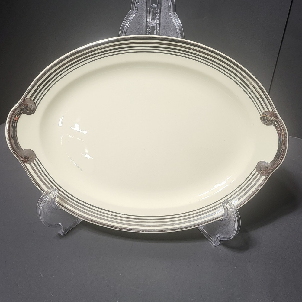 VTG Taylor Smith Taylor Oval Platter Silver Stripe Art Deco Cream 11.5in‎